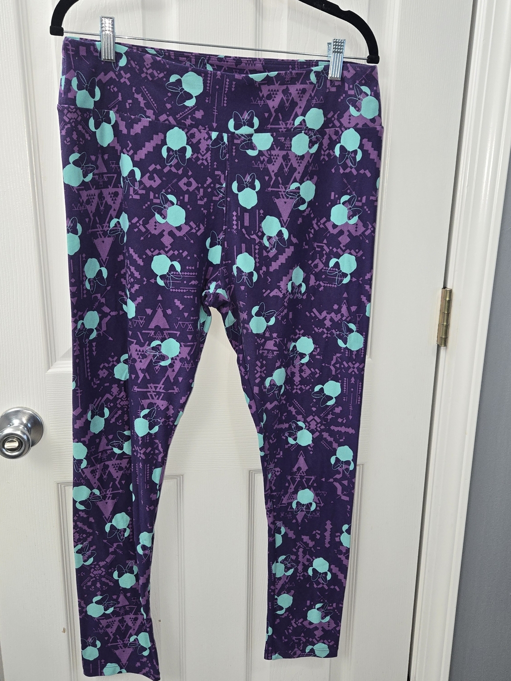 LuLaRoe Women's Purple Leggings with Teal Minnie Bow Motif